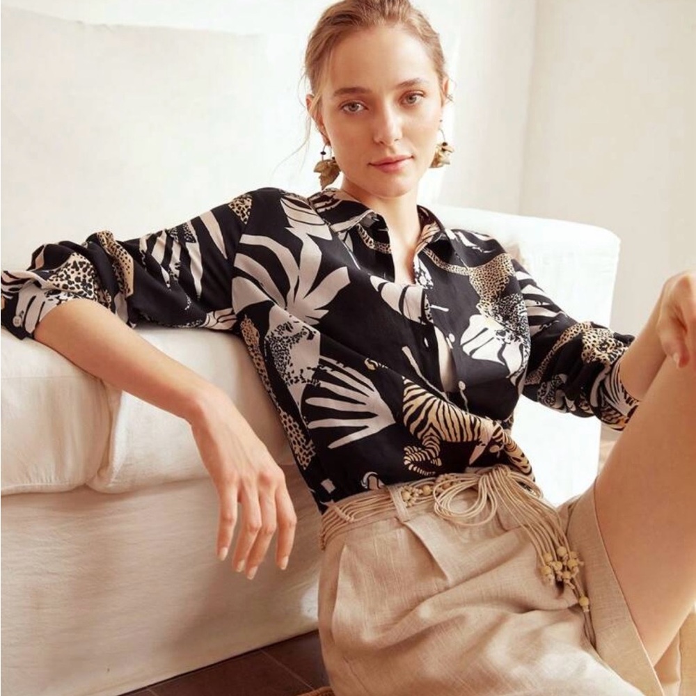 Viscose/Linen Animal Print Button Down Blouse